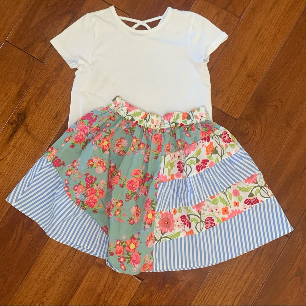 Matilda Jane Size 8 435 Badminton Skirt & Plain white top Boho Floral Striped